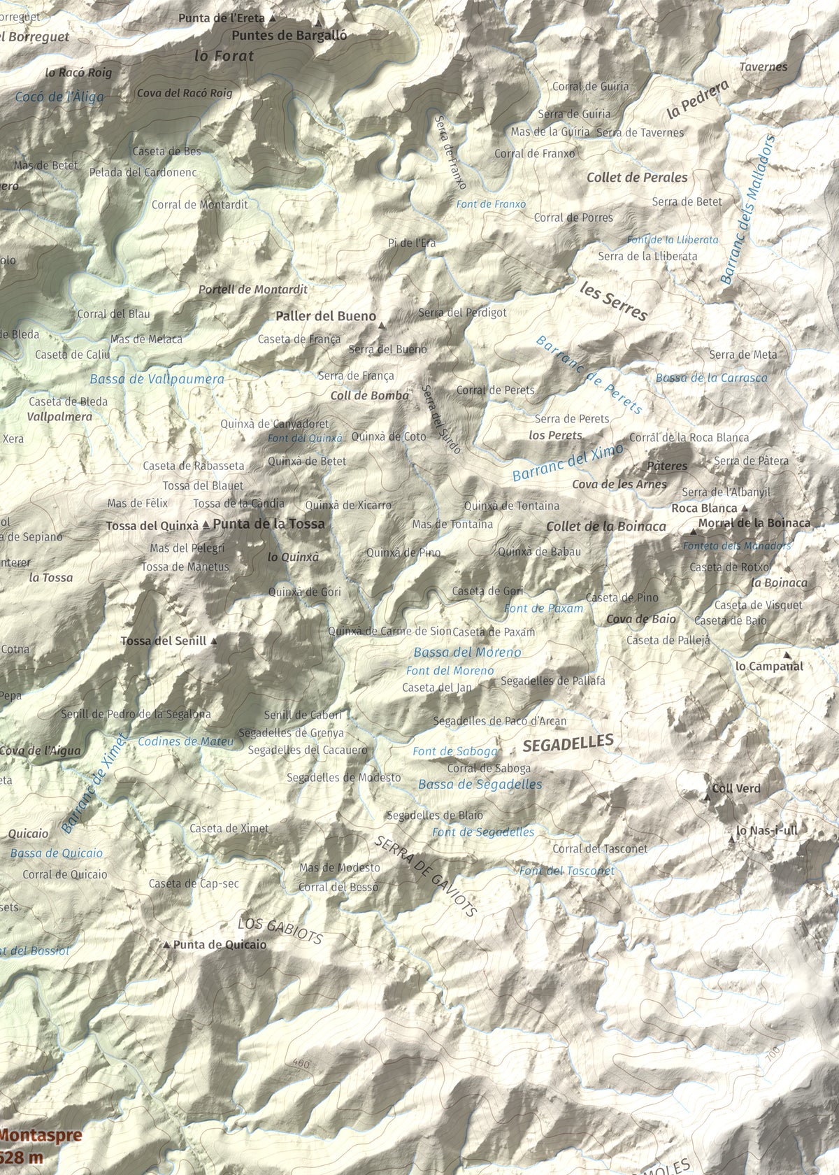 Mapa de relieve de Montaspre, 528 m, Baix Ebre, lámina 100 Cims de Trobart. Detalle de la zona superior derecha. 50 × 70 cm.