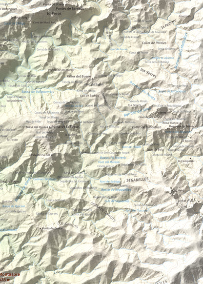 Mapa de relieve de Montaspre, 528 m, Baix Ebre, lámina 100 Cims de Trobart. Detalle de la zona superior derecha. 50 × 70 cm.