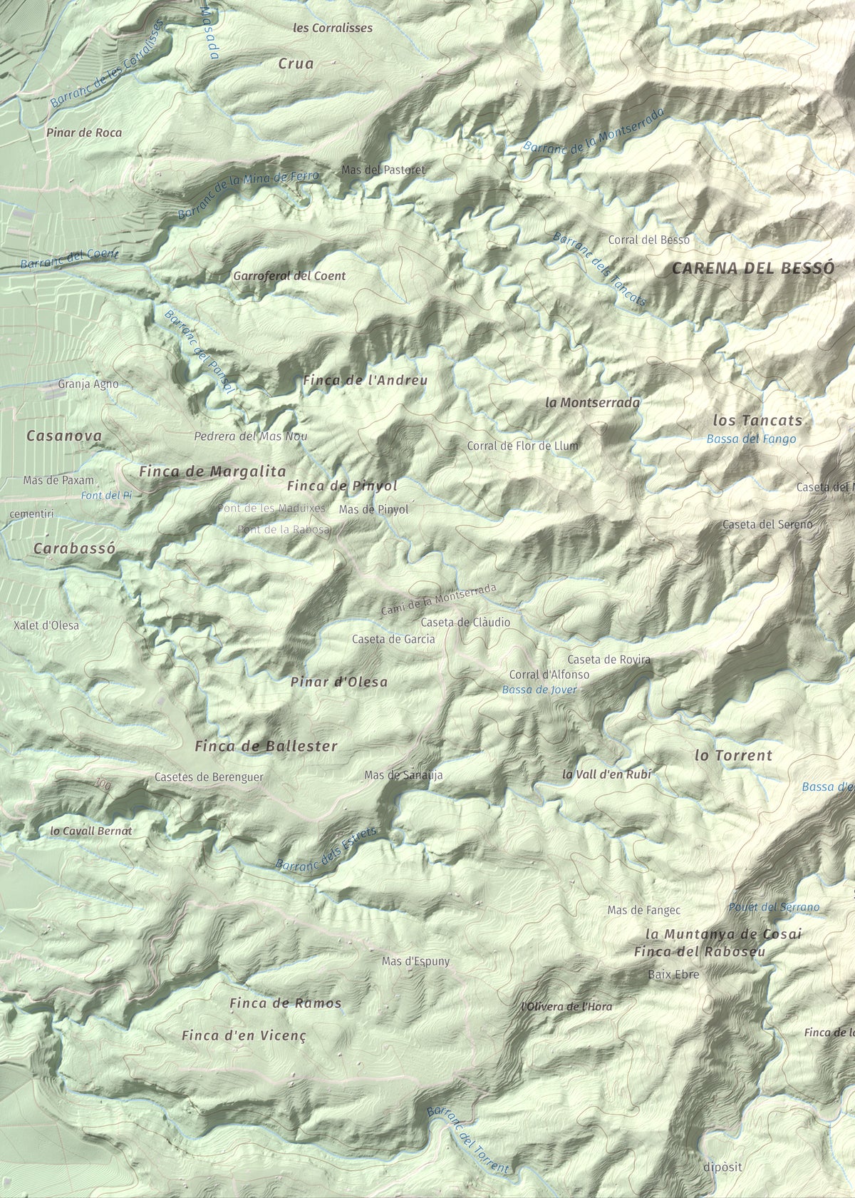 Mapa de relieve de Montaspre, 528 m, Baix Ebre, lámina 100 Cims de Trobart. Detalle de la zona inferior izquierda. 50 × 70 cm.