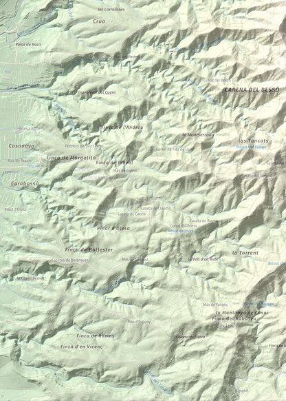 Mapa de relieve de Montaspre, 528 m, Baix Ebre, lámina 100 Cims de Trobart. Detalle de la zona inferior izquierda. 50 × 70 cm.