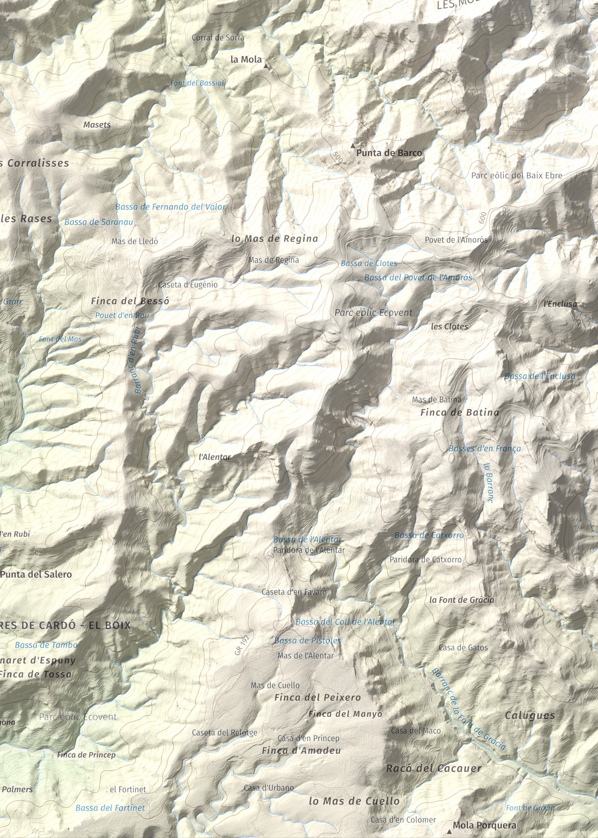 Mapa de relieve de Montaspre, 528 m, Baix Ebre, lámina 100 Cims de Trobart. Detalle de la zona inferior derecha. 50 × 70 cm.