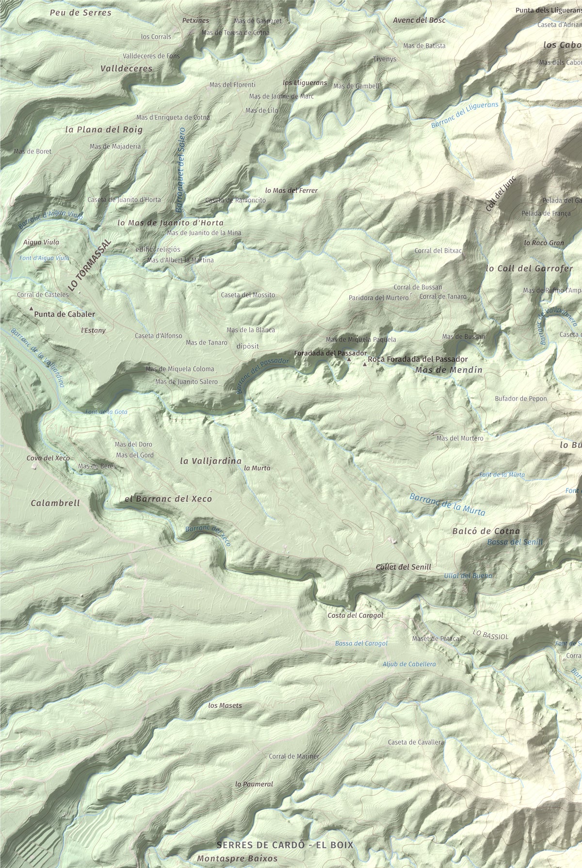 Mapa de relieve de Montaspre, 528 m, Baix Ebre, lámina 100 Cims de Trobart. Detalle de la zona superior izquierda. 61 × 91 cm.