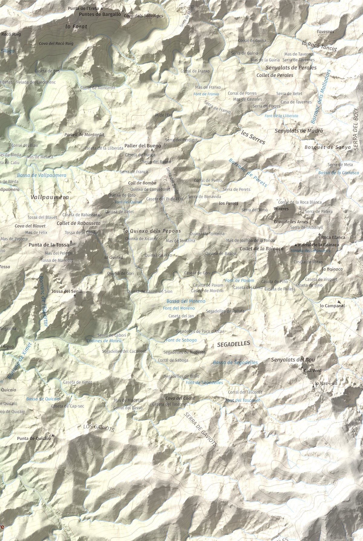 Mapa de relieve de Montaspre, 528 m, Baix Ebre, lámina 100 Cims de Trobart. Detalle de la zona superior derecha. 61 × 91 cm.