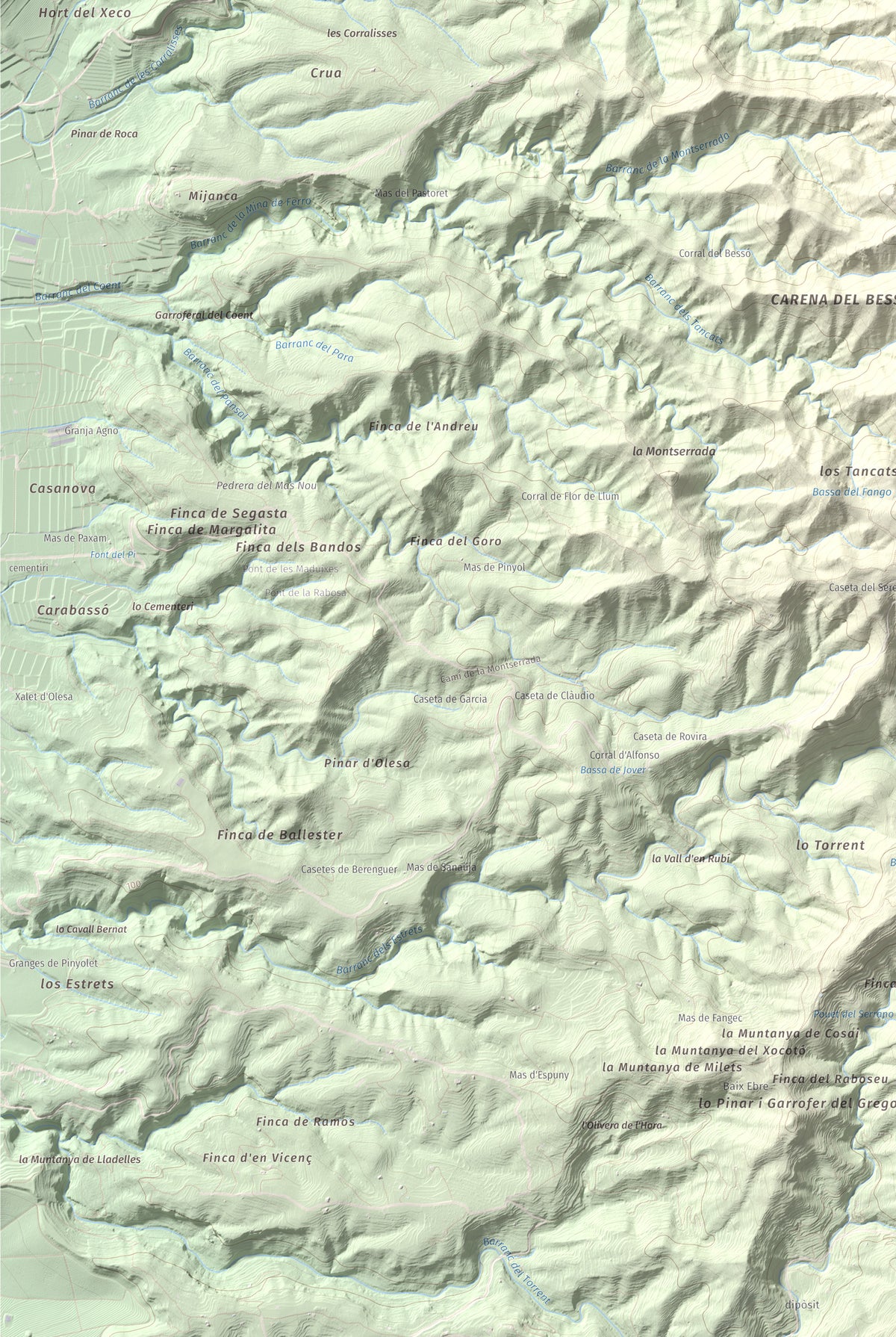 Mapa de relieve de Montaspre, 528 m, Baix Ebre, lámina 100 Cims de Trobart. Detalle de la zona inferior izquierda. 61 × 91 cm.
