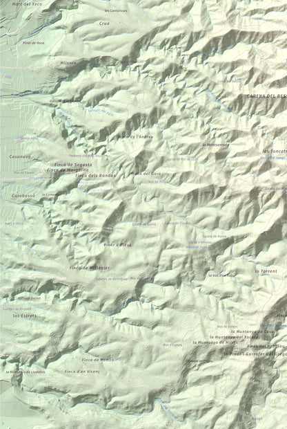 Mapa de relieve de Montaspre, 528 m, Baix Ebre, lámina 100 Cims de Trobart. Detalle de la zona inferior izquierda. 61 × 91 cm.