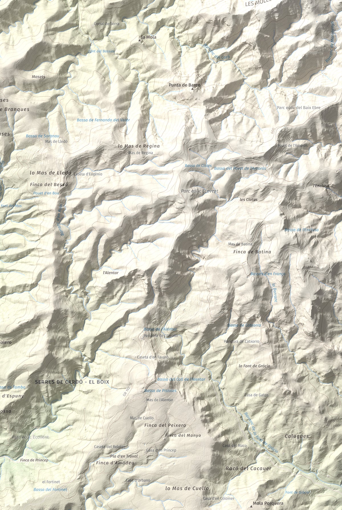 Mapa de relieve de Montaspre, 528 m, Baix Ebre, lámina 100 Cims de Trobart. Detalle de la zona inferior derecha. 61 × 91 cm.