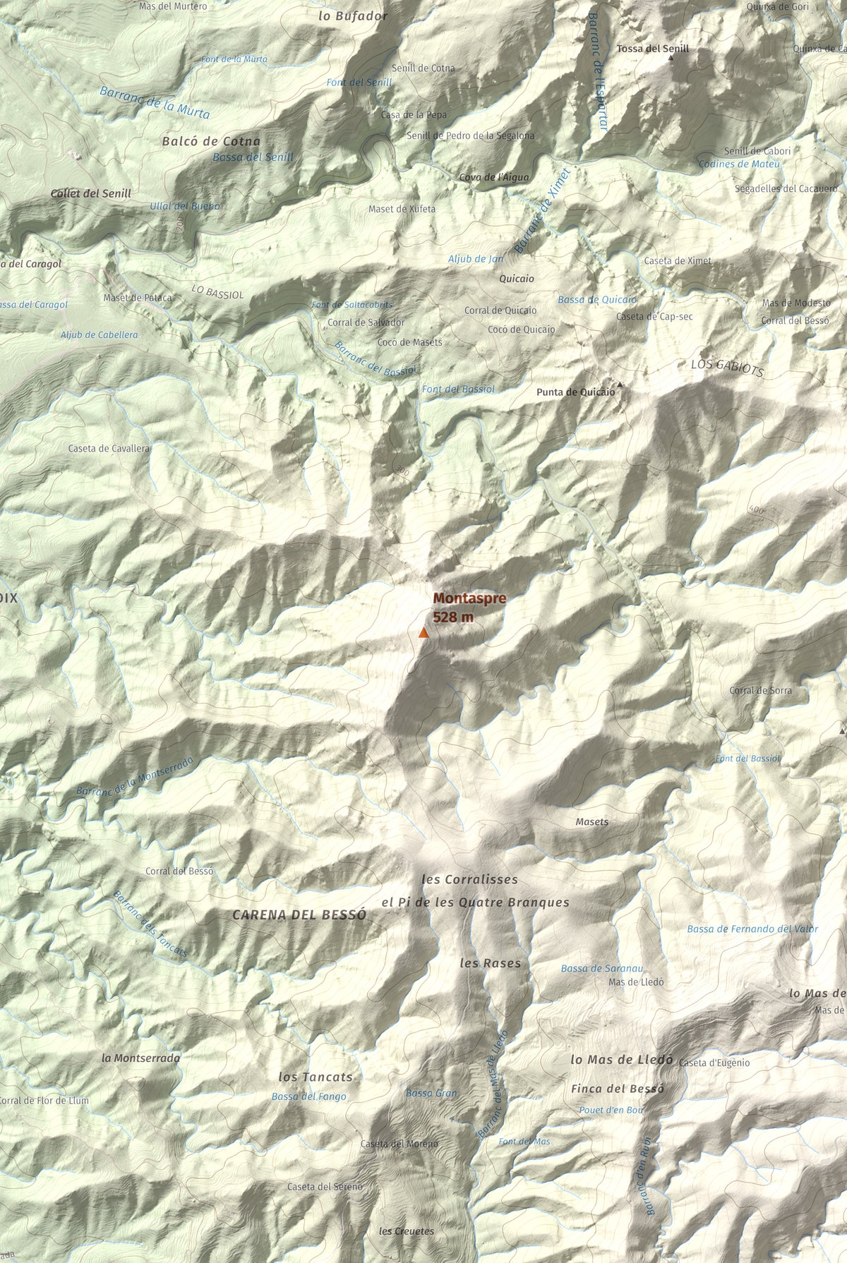 Mapa de relieve de Montaspre, 528 m, Baix Ebre, lámina 100 Cims de Trobart. Detalle de la zona central. 61 × 91 cm.