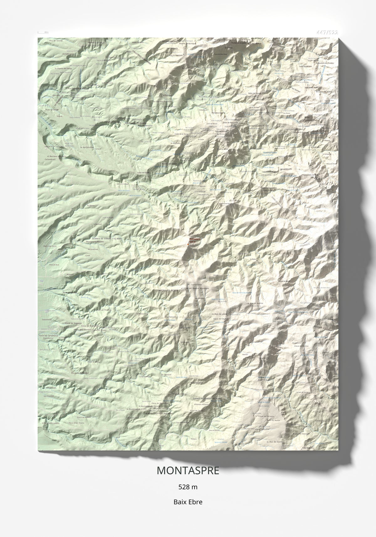 Mapa de relieve de Montaspre, 528 m, Baix Ebre, lámina 100 Cims de Trobart 70 × 100 cm.