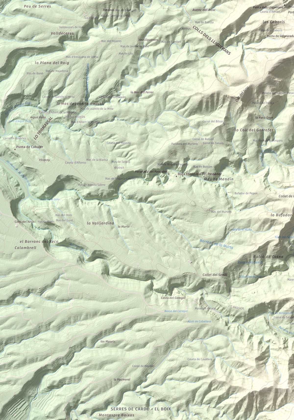 Mapa de relieve de Montaspre, 528 m, Baix Ebre, lámina 100 Cims de Trobart. Detalle de la zona superior izquierda. 70 × 100 cm.