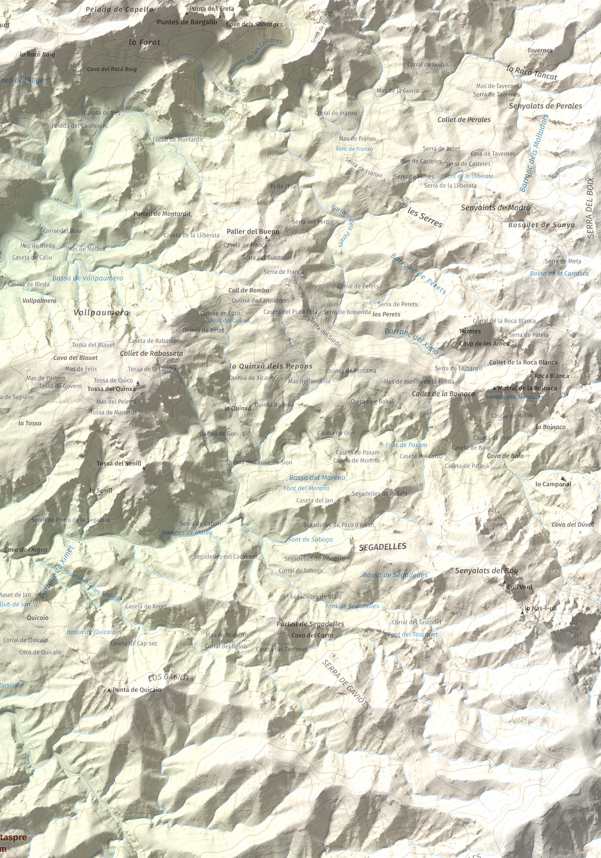 Mapa de relieve de Montaspre, 528 m, Baix Ebre, lámina 100 Cims de Trobart. Detalle de la zona superior derecha. 70 × 100 cm.
