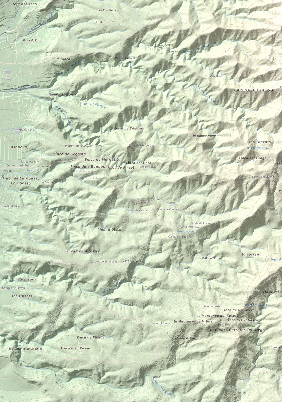 Mapa de relieve de Montaspre, 528 m, Baix Ebre, lámina 100 Cims de Trobart. Detalle de la zona inferior izquierda. 70 × 100 cm.