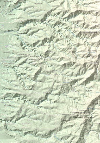 Mapa de relieve de Montaspre, 528 m, Baix Ebre, lámina 100 Cims de Trobart. Detalle de la zona inferior izquierda. 70 × 100 cm.