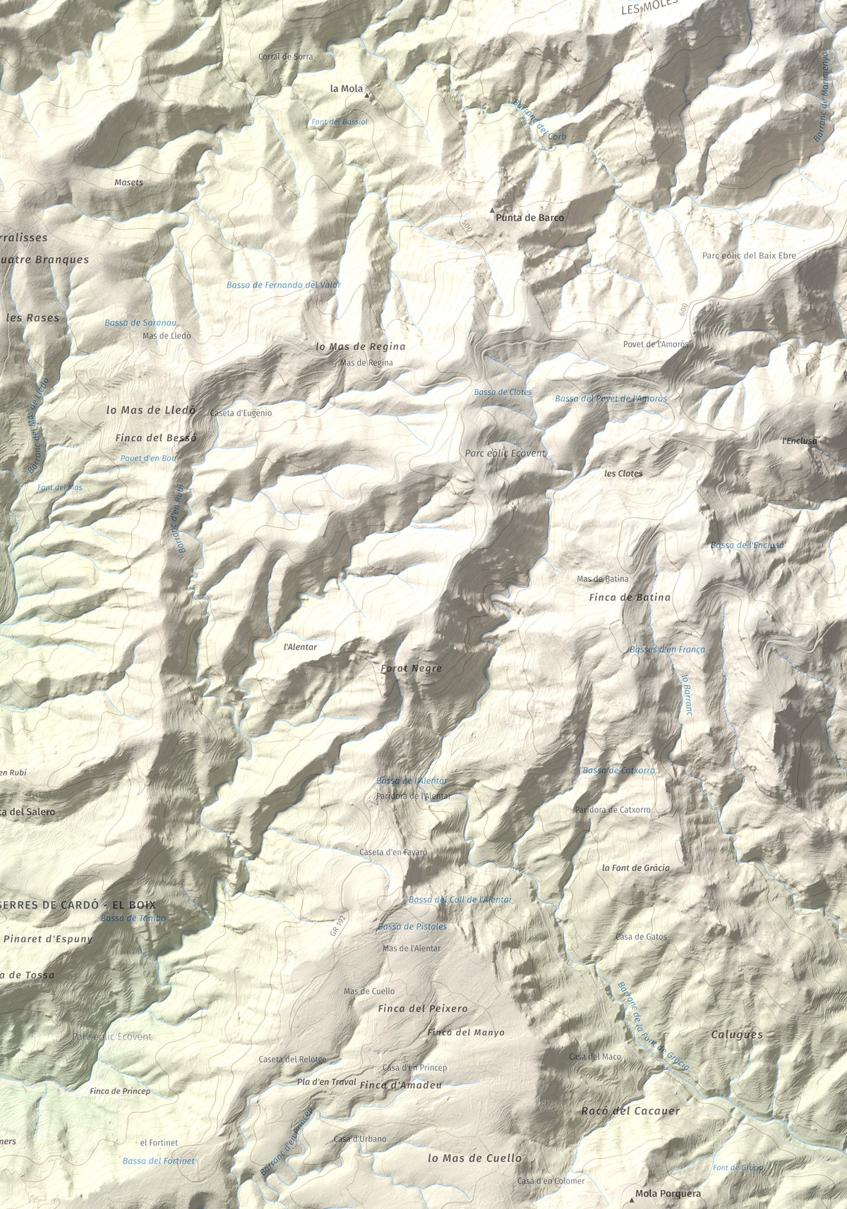 Mapa de relieve de Montaspre, 528 m, Baix Ebre, lámina 100 Cims de Trobart. Detalle de la zona inferior derecha. 70 × 100 cm.