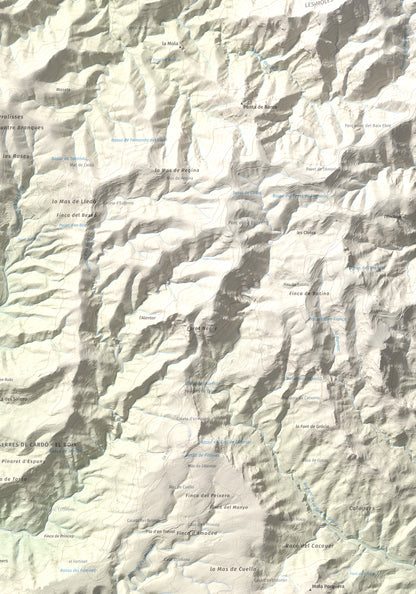 Mapa de relieve de Montaspre, 528 m, Baix Ebre, lámina 100 Cims de Trobart. Detalle de la zona inferior derecha. 70 × 100 cm.