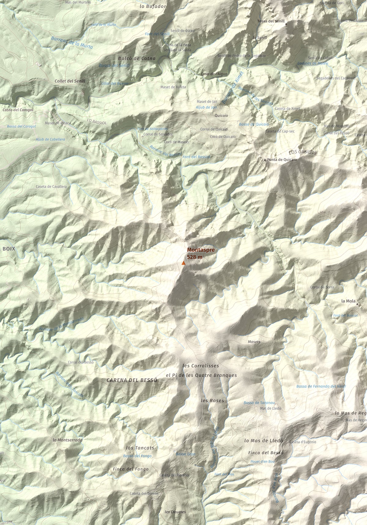Mapa de relieve de Montaspre, 528 m, Baix Ebre, lámina 100 Cims de Trobart. Detalle de la zona central. 70 × 100 cm.