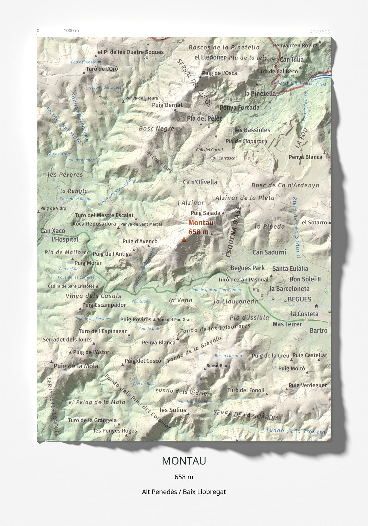 Mapa topogràfic del relleu: Montau, 658 m. Làmina completa. 21 × 30 cm.
