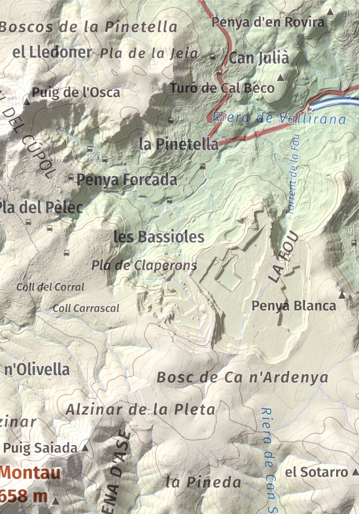 Mapa topogràfic del relleu: Montau, 658 m. Detall de la zona superior dreta. 21 × 30 cm.