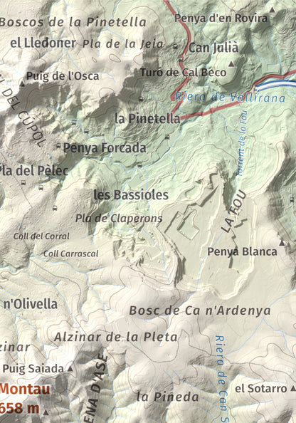 Mapa topogràfic del relleu: Montau, 658 m. Detall de la zona superior dreta. 21 × 30 cm.
