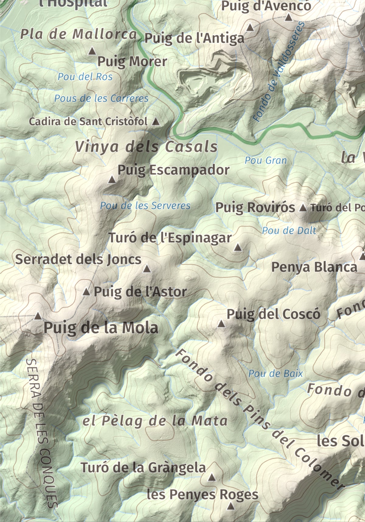 Mapa topogràfic del relleu: Montau, 658 m. Detall de la zona inferior esquerra. 21 × 30 cm.