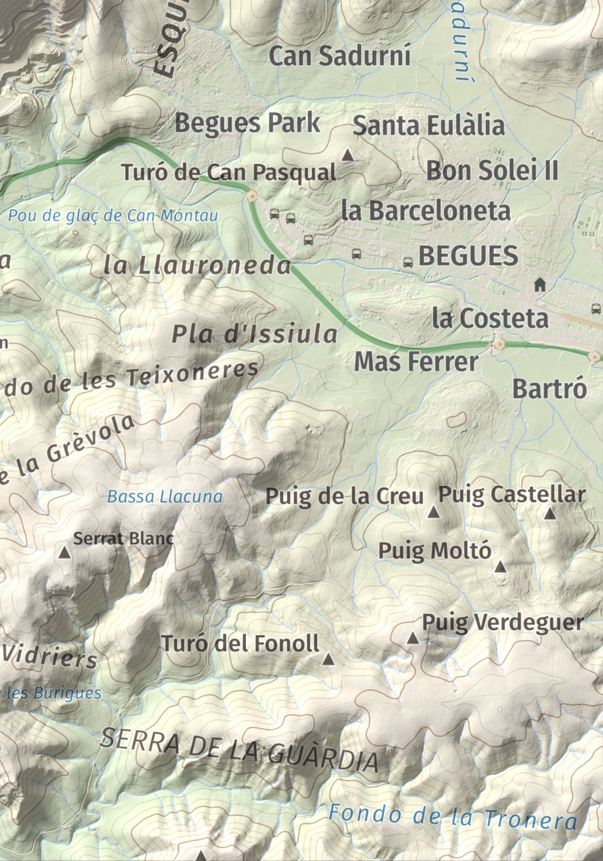Mapa topogràfic del relleu: Montau, 658 m. Detall de la zona inferior dreta. 21 × 30 cm.