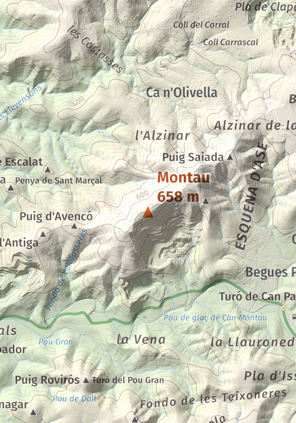 Mapa topogràfic del relleu: Montau, 658 m. Detall de la zona central. 21 × 30 cm.