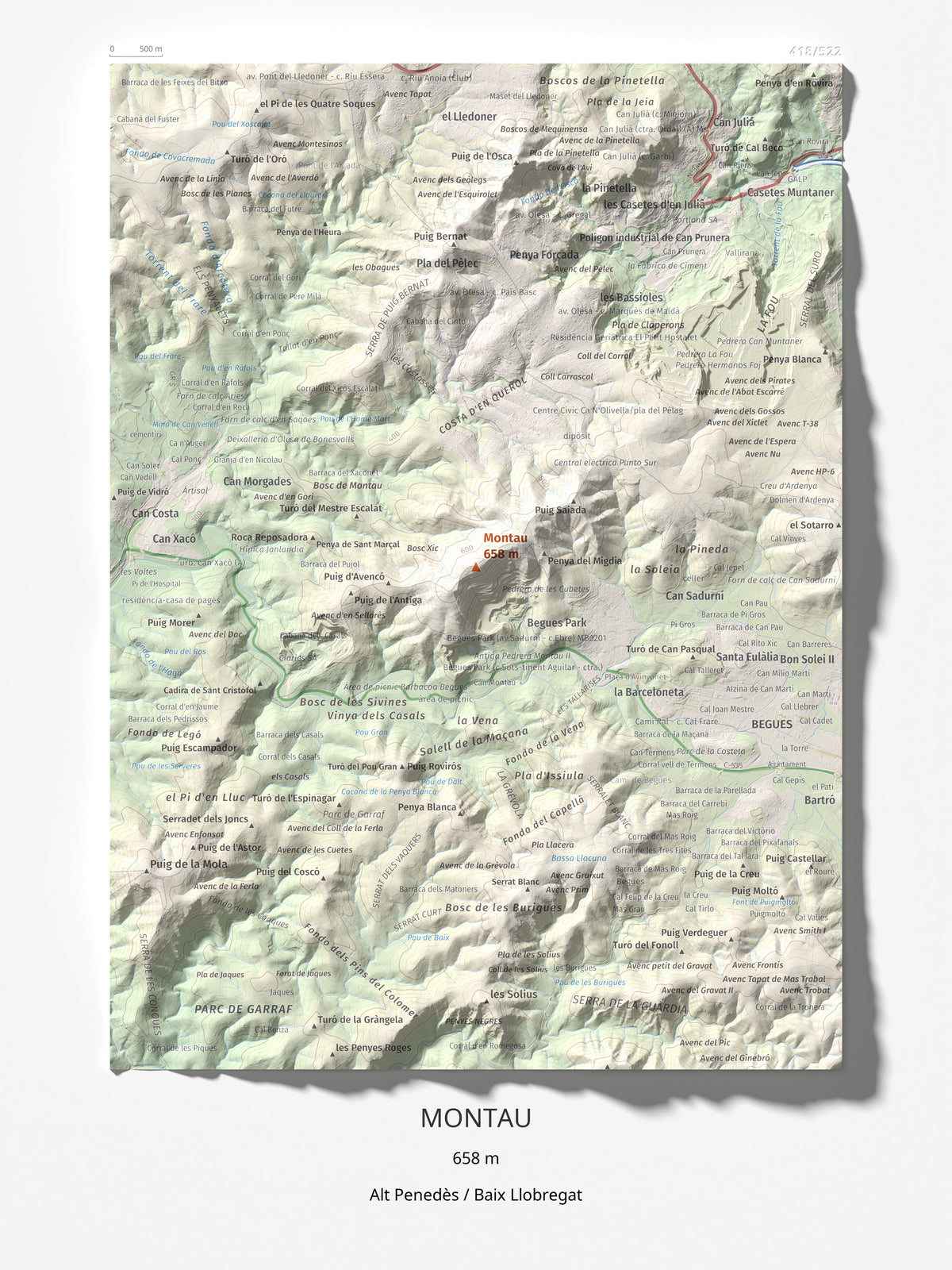 Mapa topogràfic del relleu: Montau, 658 m. Làmina completa. 30 × 40 cm.