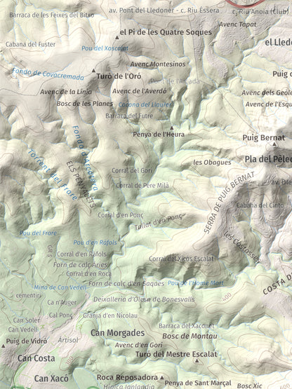 Mapa topogràfic del relleu: Montau, 658 m. Detall de la zona superior esquerra. 30 × 40 cm.