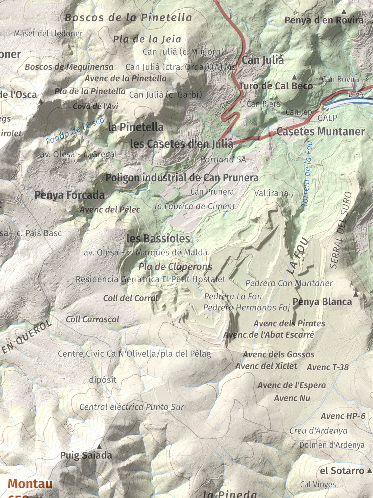 Mapa topogràfic del relleu: Montau, 658 m. Detall de la zona superior dreta. 30 × 40 cm.