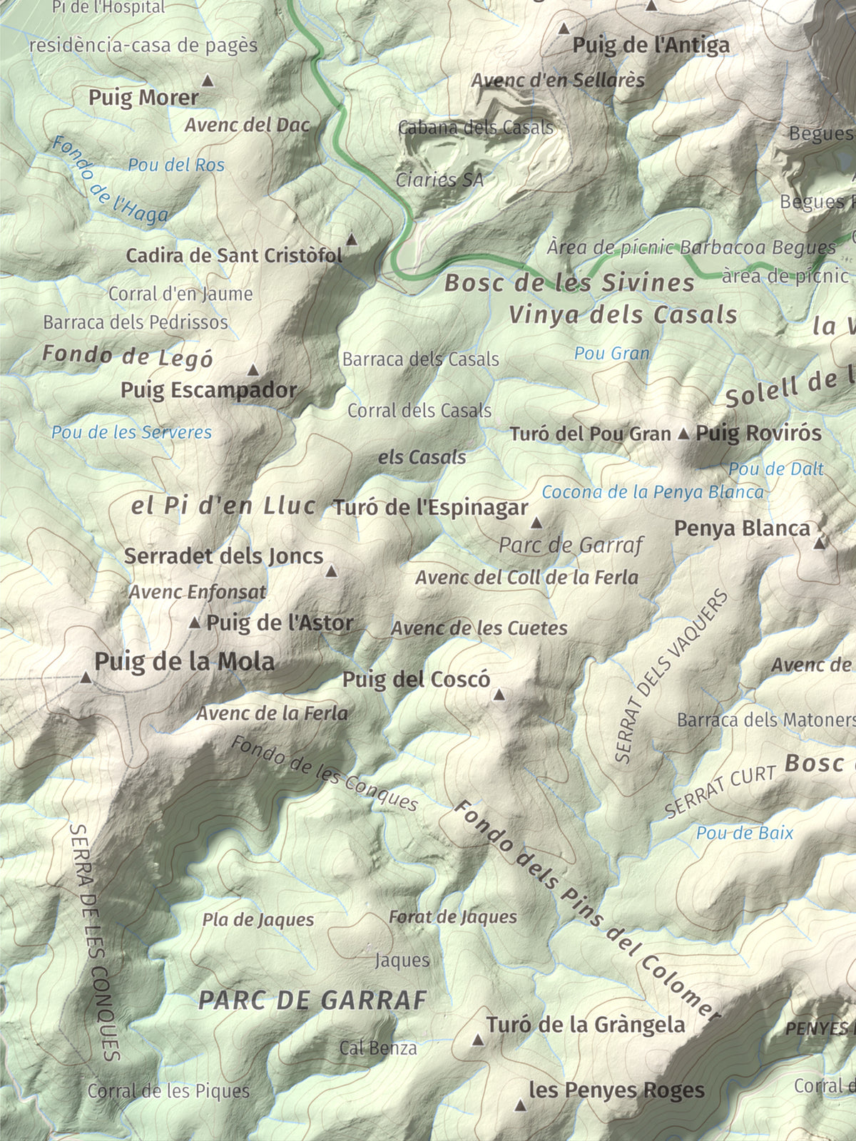 Mapa topogràfic del relleu: Montau, 658 m. Detall de la zona inferior esquerra. 30 × 40 cm.
