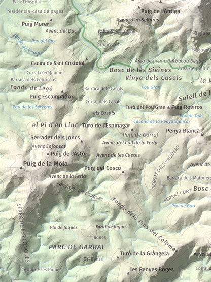 Mapa topogràfic del relleu: Montau, 658 m. Detall de la zona inferior esquerra. 30 × 40 cm.