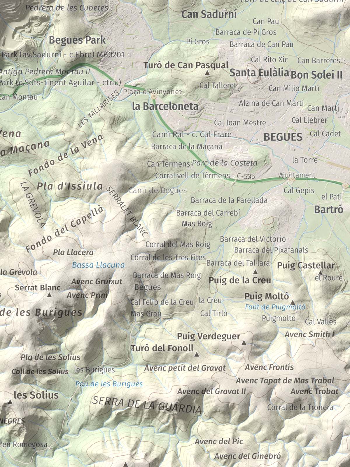 Mapa topogràfic del relleu: Montau, 658 m. Detall de la zona inferior dreta. 30 × 40 cm.