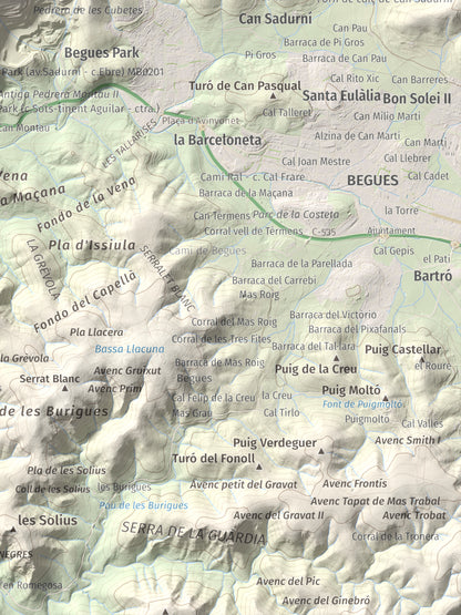 Mapa topogràfic del relleu: Montau, 658 m. Detall de la zona inferior dreta. 30 × 40 cm.