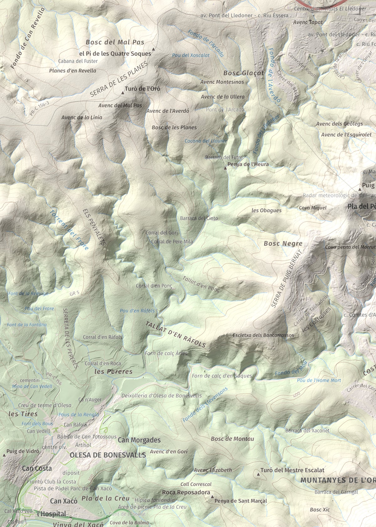 Mapa topogràfic del relleu: Montau, 658 m. Detall de la zona superior esquerra. 50 × 70 cm.