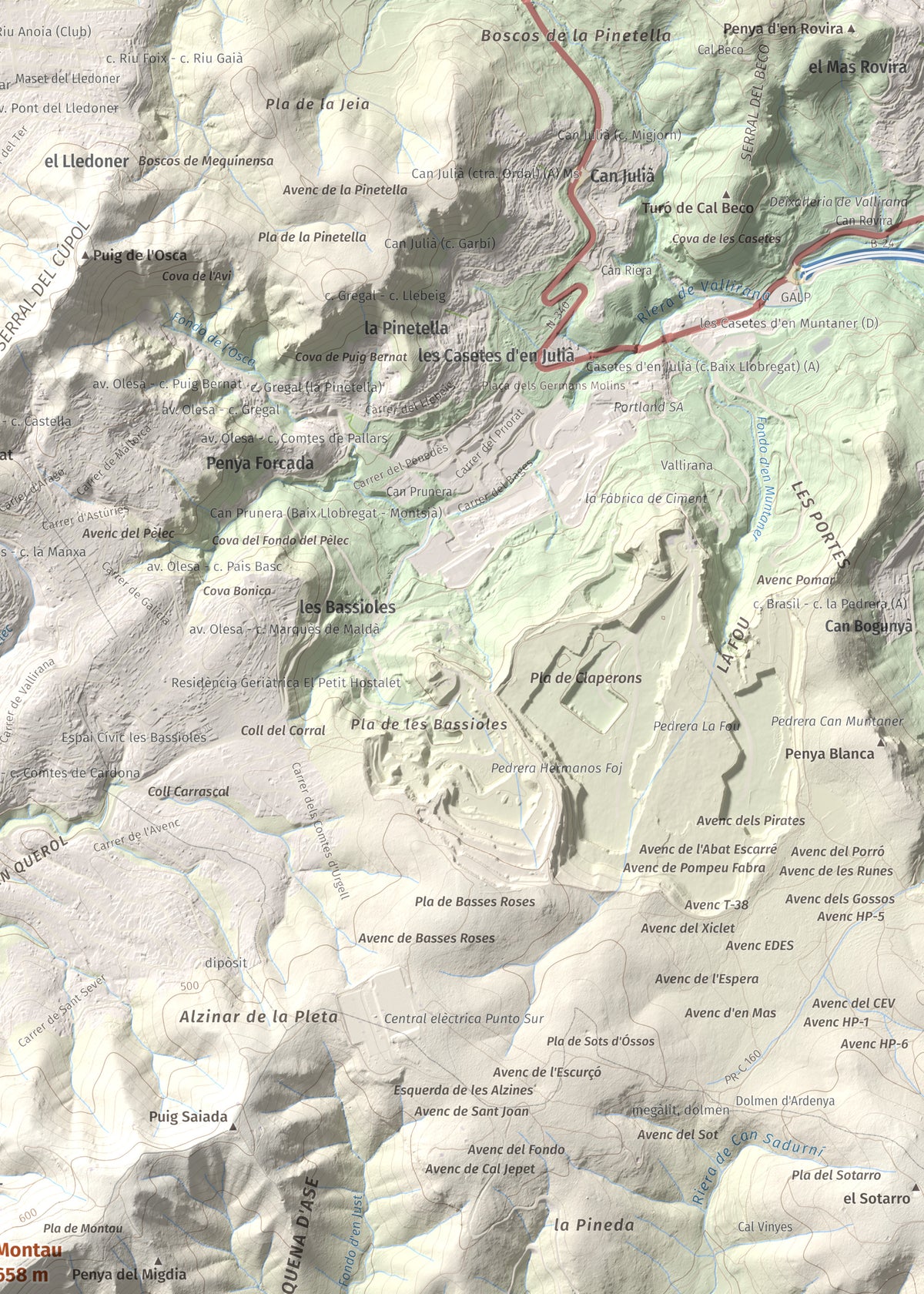 Mapa topogràfic del relleu: Montau, 658 m. Detall de la zona superior dreta. 50 × 70 cm.
