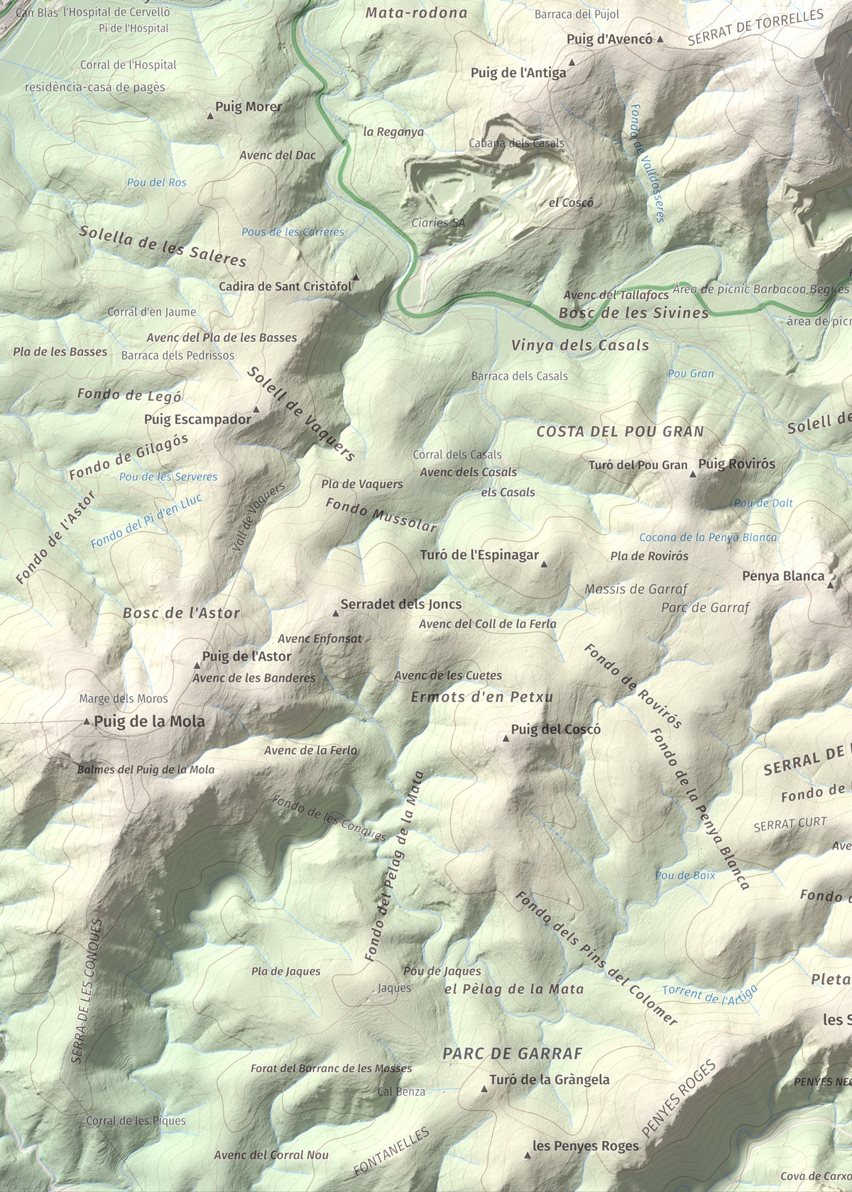 Mapa topogràfic del relleu: Montau, 658 m. Detall de la zona inferior esquerra. 50 × 70 cm.