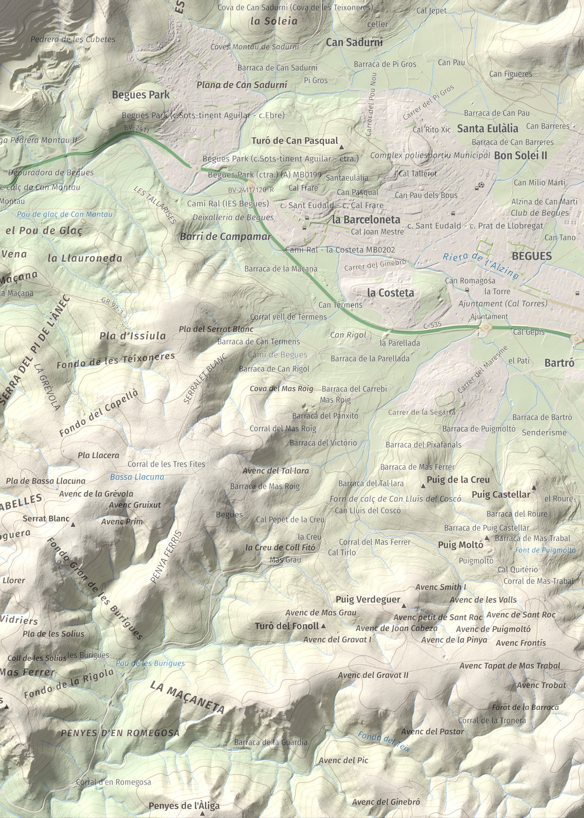 Mapa topogràfic del relleu: Montau, 658 m. Detall de la zona inferior dreta. 50 × 70 cm.