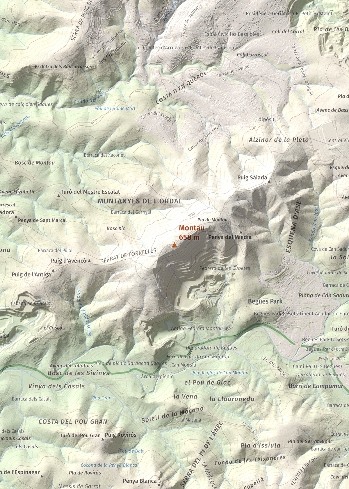 Mapa topogràfic del relleu: Montau, 658 m. Detall de la zona central. 50 × 70 cm.