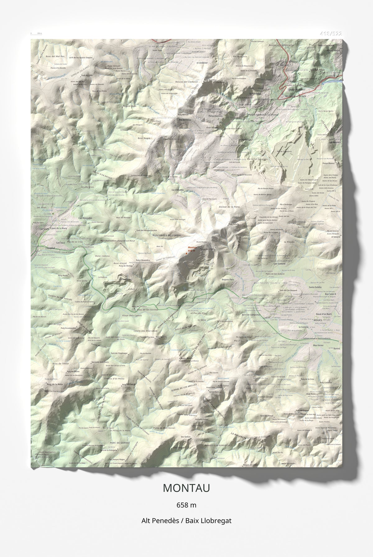 Mapa topogràfic del relleu: Montau, 658 m. Làmina completa. 61 × 91 cm.