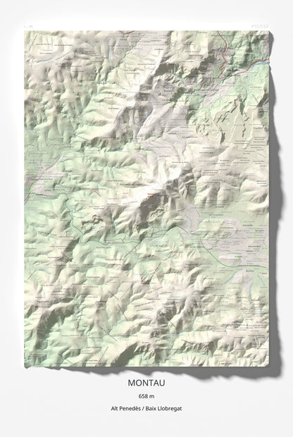 Mapa topogràfic del relleu: Montau, 658 m. Làmina completa. 61 × 91 cm.