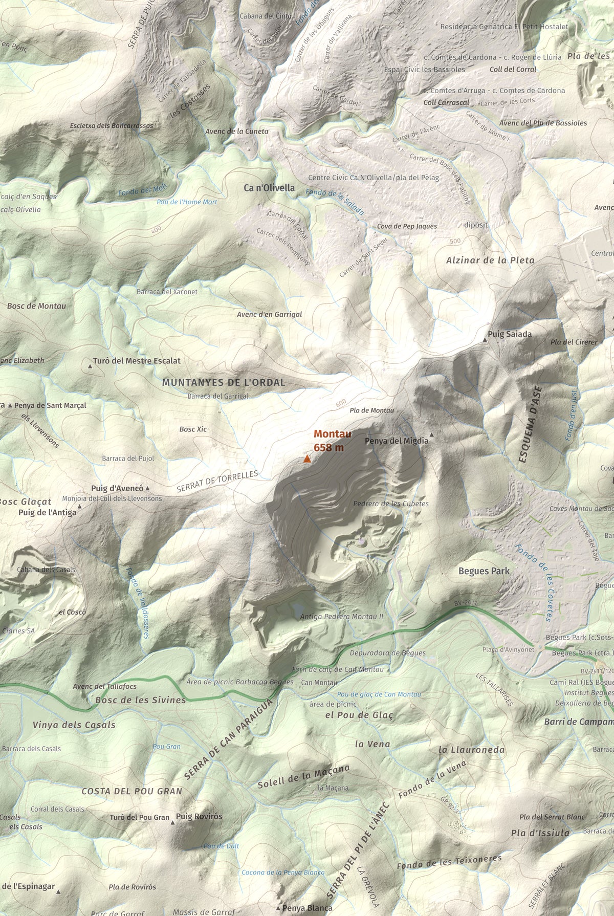 Mapa topogràfic del relleu: Montau, 658 m. Detall de la zona central. 61 × 91 cm.