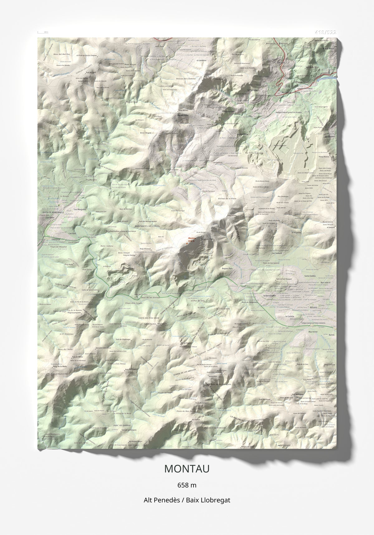 Mapa topogràfic del relleu: Montau, 658 m. Làmina completa. 70 × 100 cm.