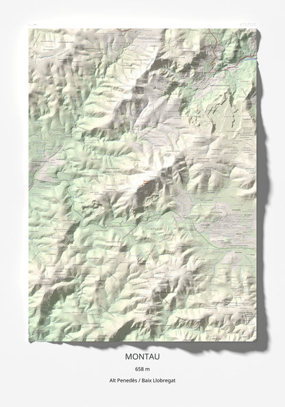 Mapa topogràfic del relleu: Montau, 658 m. Làmina completa. 70 × 100 cm.