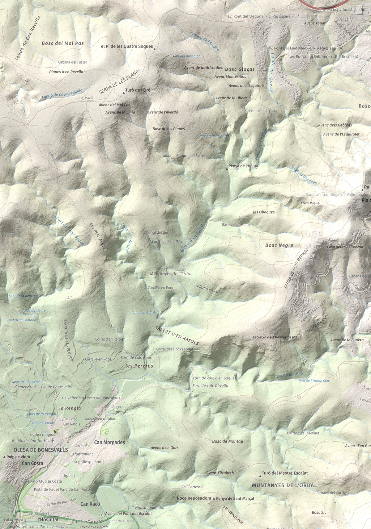 Mapa topogràfic del relleu: Montau, 658 m. Detall de la zona superior esquerra. 70 × 100 cm.