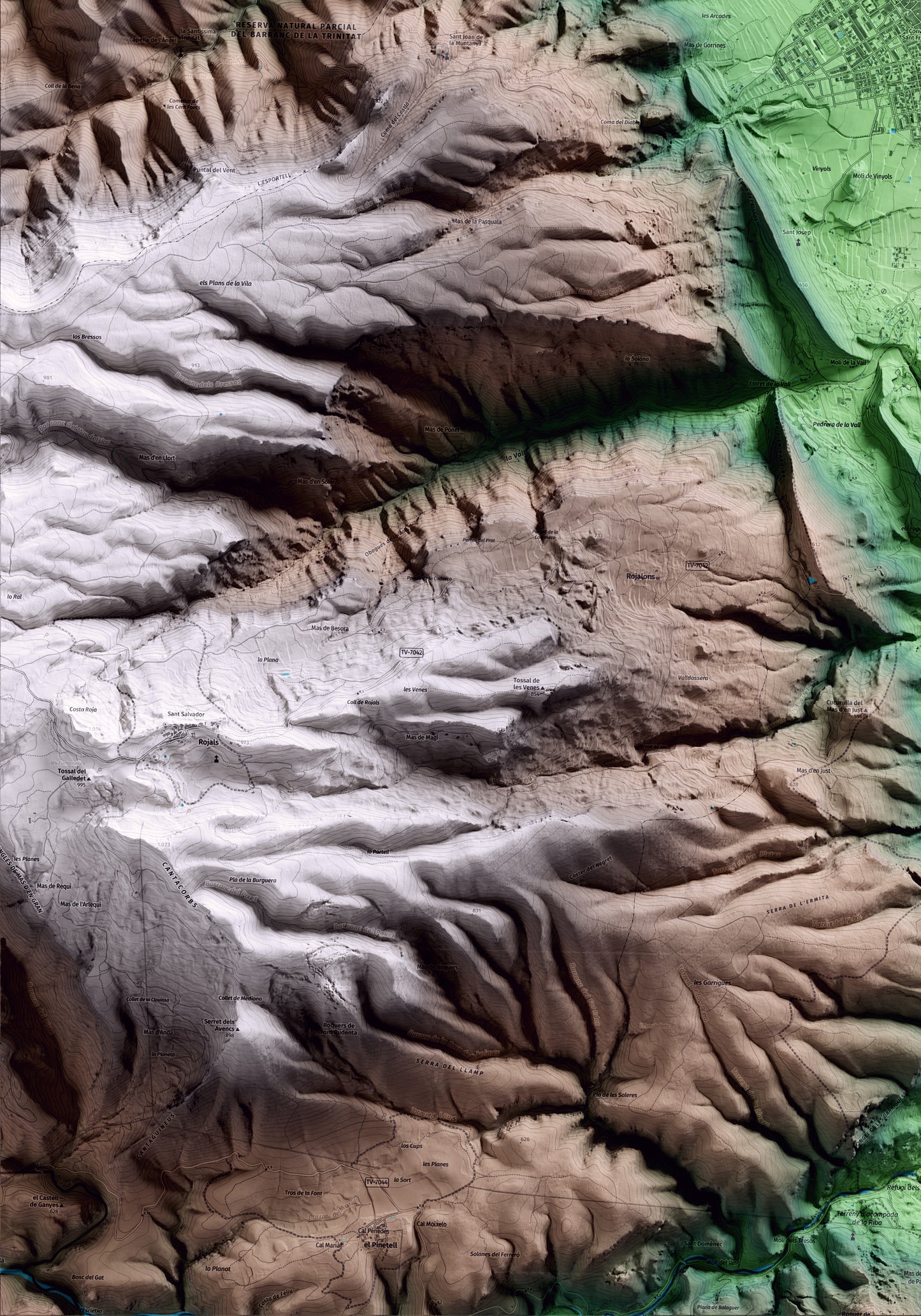 Mapa artístico del relieve de Montblanc, a la Conca de Barberà, con 15 km de entorno y base topográfica ICGC. Detalle de la zona inferior izquierda.