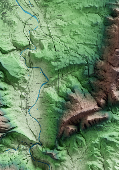 Mapa artístico del relieve de Montblanc, a la Conca de Barberà, con 15 km de entorno y base topográfica ICGC. Detalle de la zona inferior derecha.