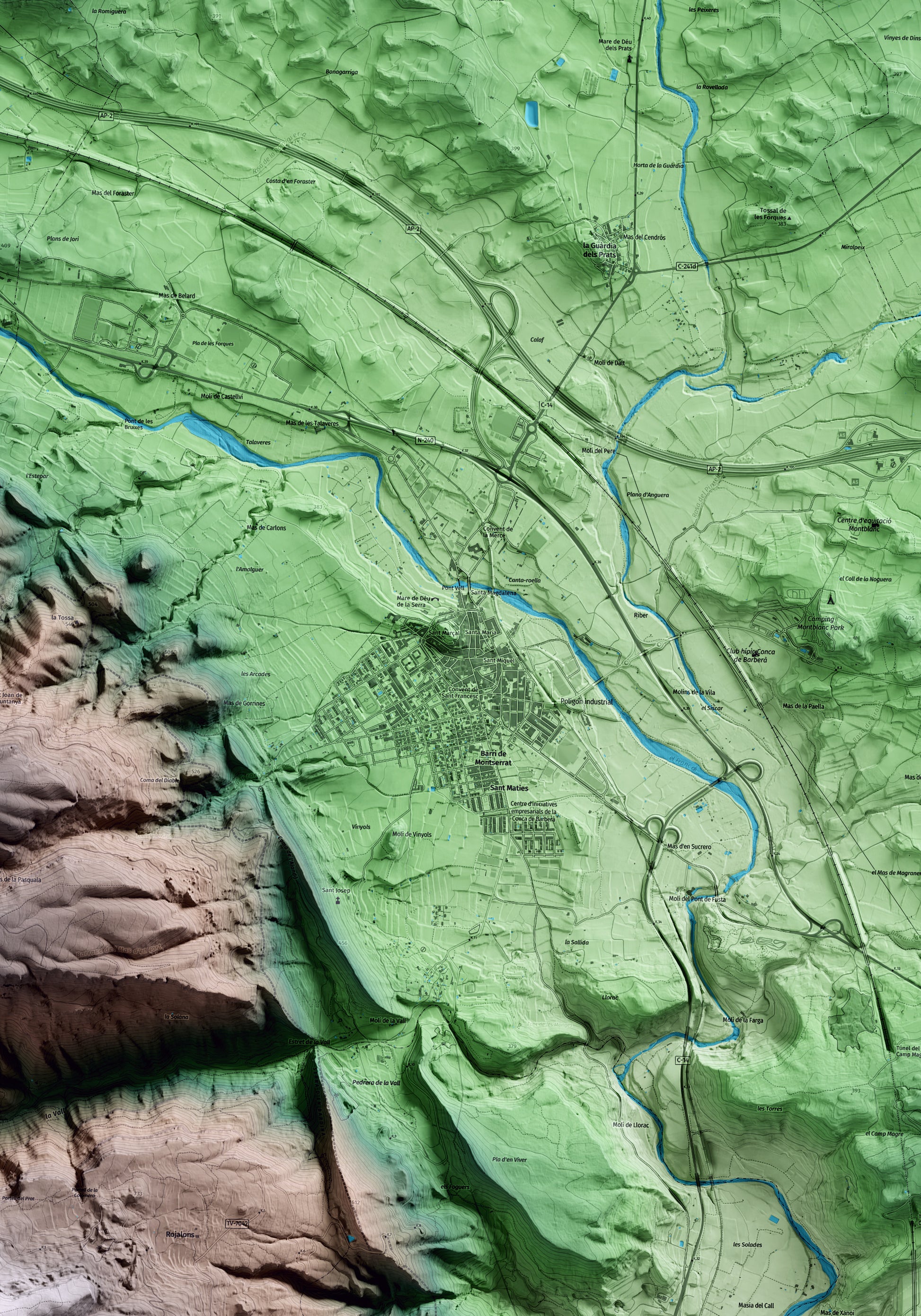 Mapa artístico del relieve de Montblanc, a la Conca de Barberà, con 15 km de entorno y base topográfica ICGC. Detalle de la zona central.