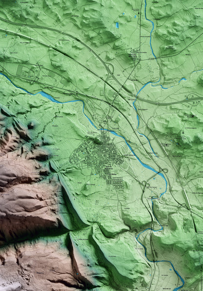 Mapa artístico del relieve de Montblanc, a la Conca de Barberà, con 15 km de entorno y base topográfica ICGC. Detalle de la zona central.