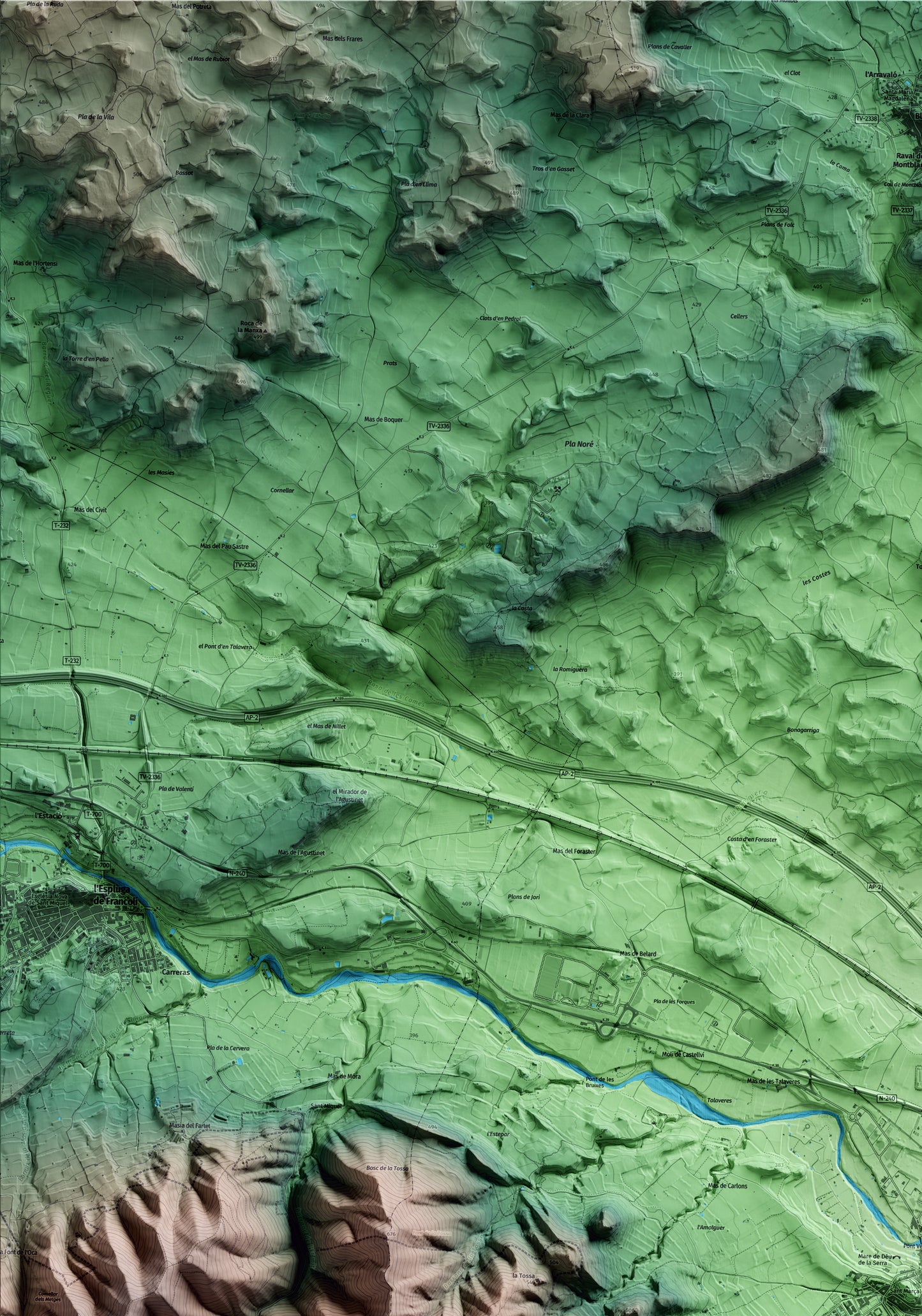 Mapa artístico del relieve de Montblanc, a la Conca de Barberà, con 15 km de entorno y base topográfica ICGC. Detalle de la zona superior izquierda.