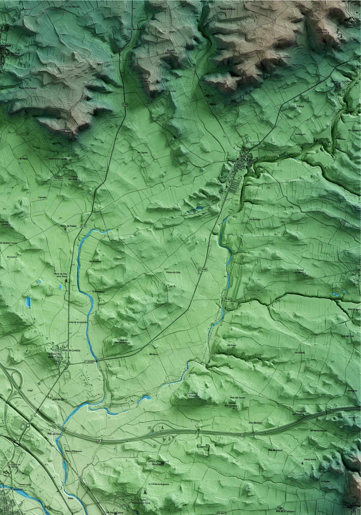 Mapa artístico del relieve de Montblanc, a la Conca de Barberà, con 15 km de entorno y base topográfica ICGC. Detalle de la zona superior derecha.