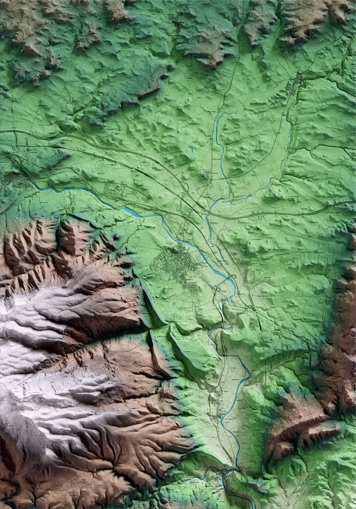 Mapa artístico del relieve de Montblanc, a la Conca de Barberà, con 15 km de entorno y base topográfica ICGC